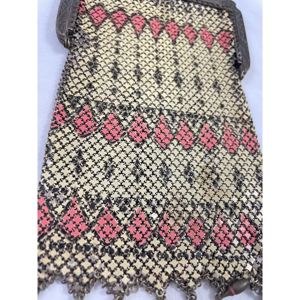 Mandalian Enamel Chain Mail Purse Silver Frame Coral Cream Mesh Antique